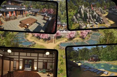 Collage of the complete Japanese environment in Unreal Engine 5, including the courtyard, mountain gate, interior, and pond