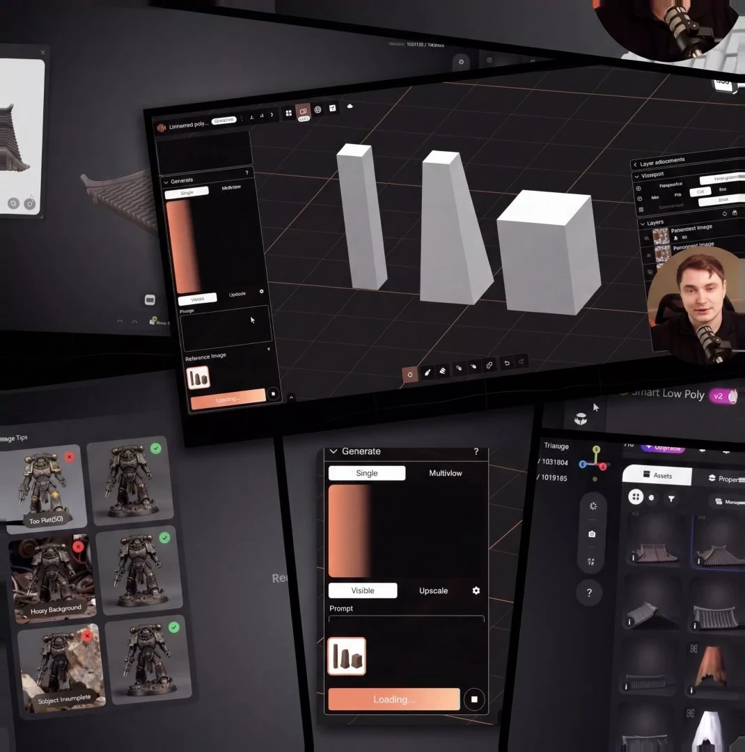 Collage aus Ansichten von Tripo AI, in denen einfache 3D-Assets für Umgebungen aus Referenzbildern generiert werden