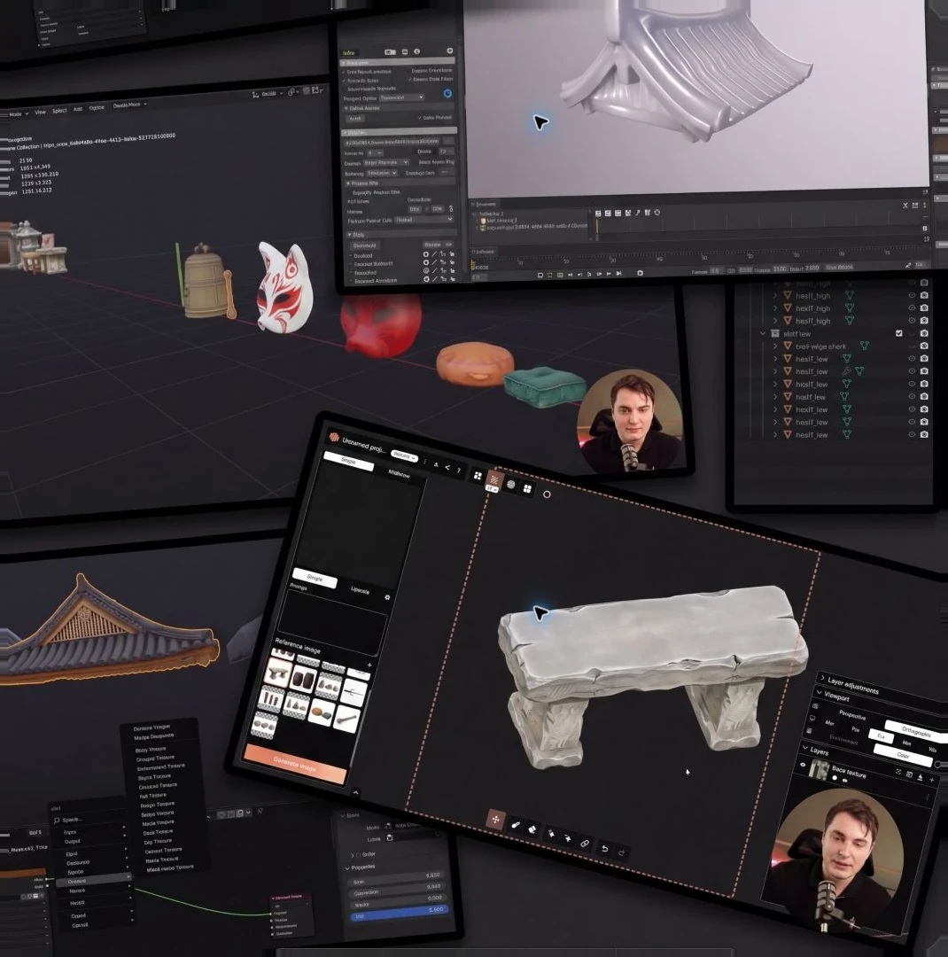 Collage aus Blender und Tripo AI, die die Bearbeitung von Tempeldach-Elementen, Props und einer Steinbank zeigt