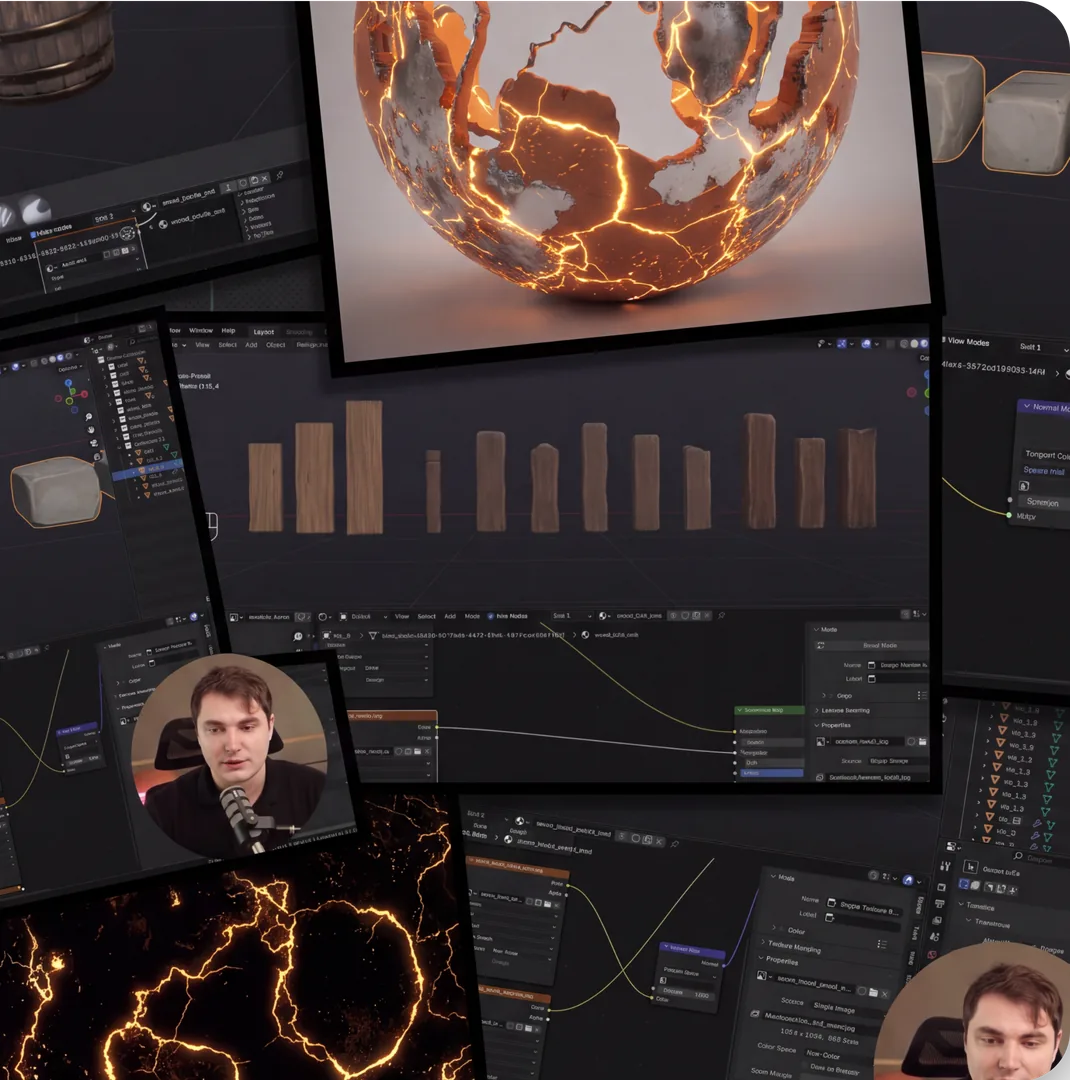 Collage aus Blender-Ansichten zur Abstimmung von Materialien und Verfeinerung von PBR-Texturen für Umgebungs-Assets