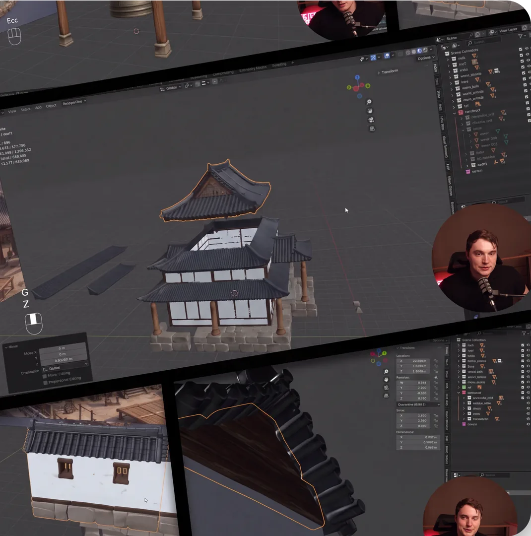 Collage aus Blender-Ansichten zum Zusammenbau eines modularen japanischen Gebäudes und weiterer Elemente einer Außenumgebung