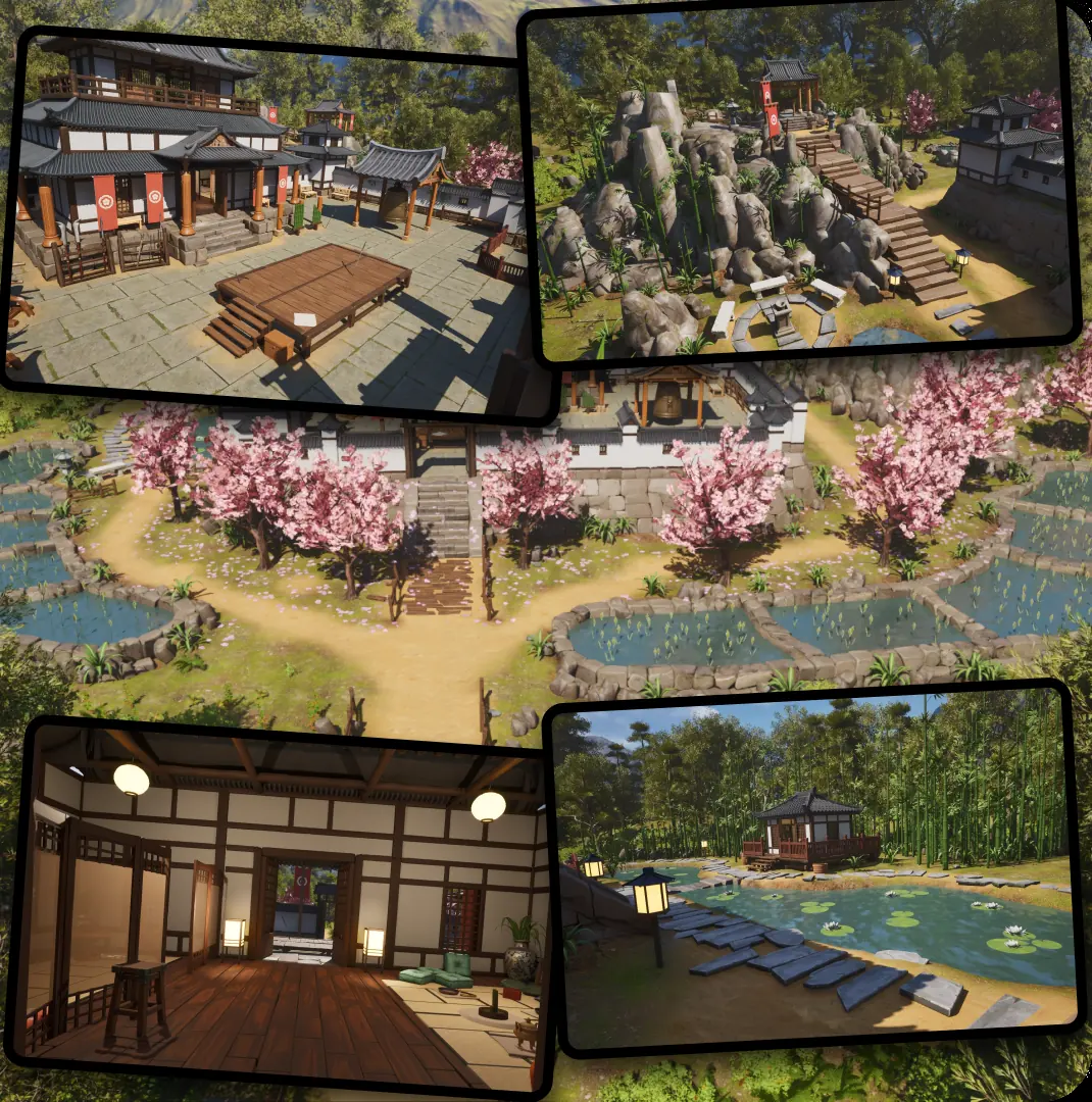 Collage of the complete Japanese environment in Unreal Engine 5, including the courtyard, mountain gate, interior, and pond