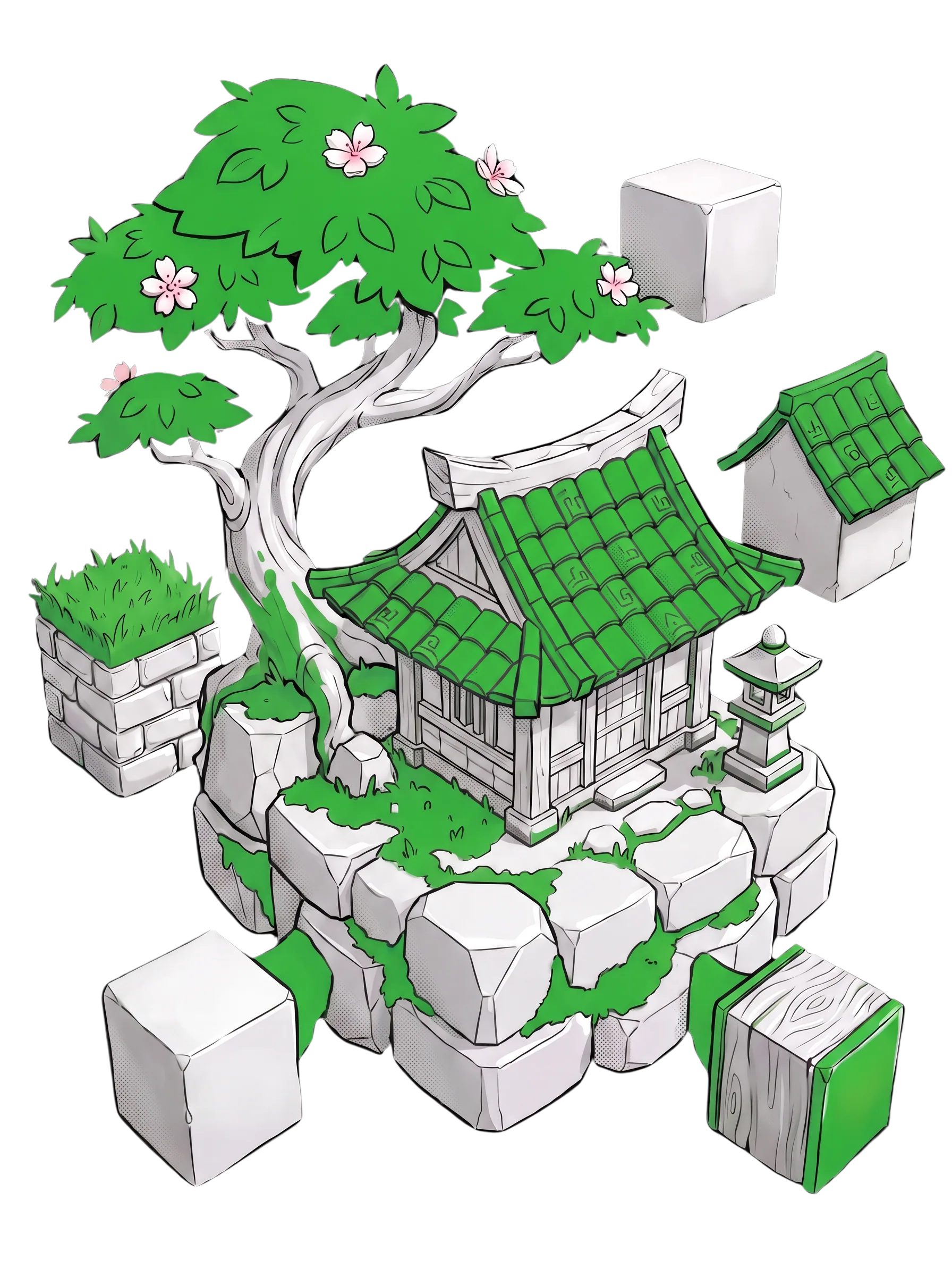 Ein großer Baum über einer Gruppe kleiner Häuser, optimiert für eine Echtzeit-Engine